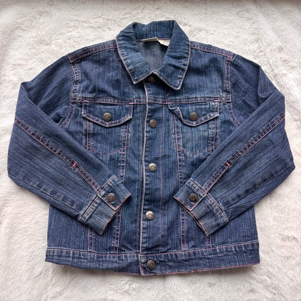 Cherokee Girls Denim Jean Jacket Size 6 Dark Wash Pink Stitching Stretch